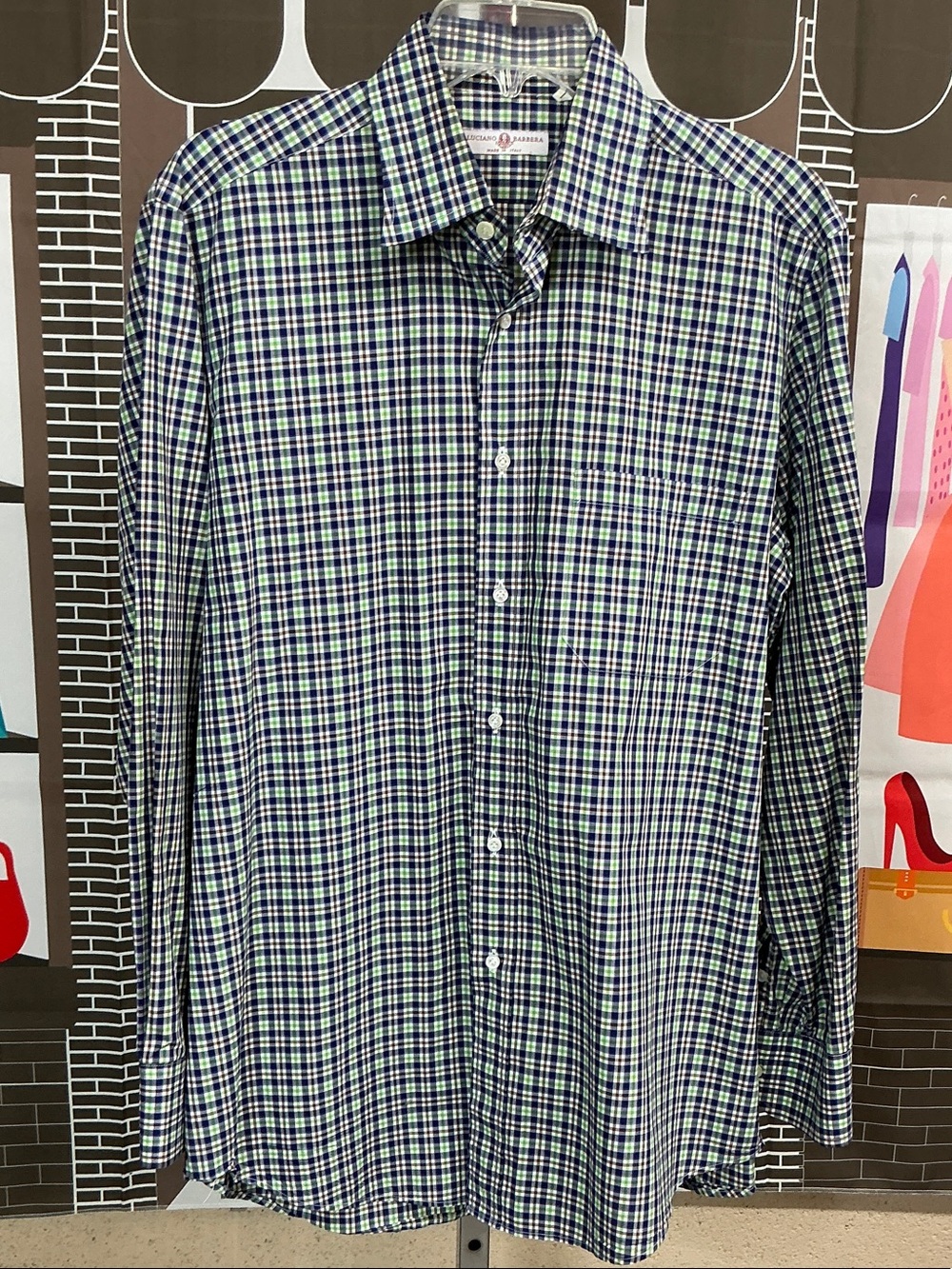 Luciano Barbera Green and Blue Checked Button-Down Shirt. #2271